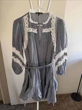 Maje Navy and White Gingham Long Sleeve Dress with Lace Trim